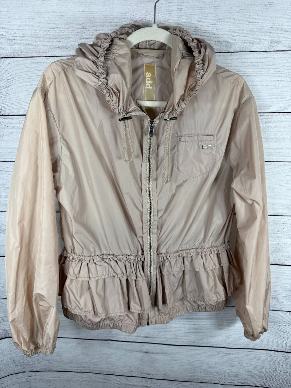 ADD Down Blush Pink Ruffle Hem Hooded Windbreaker Jacket Size 42 US 6